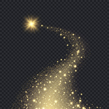 Magic realistic stars. Glowing shape from sparks spiral motion graphic bokeh glitter falling golden stars vector background. Magic star sparkle, golden glow, glowing bright illustration