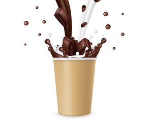 Hot chocolate. Realistic milk chocolate splashes and take away paper cup vector illustration. Chocolate milk drink, cup of coffee beverage