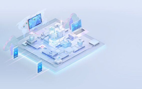 Isometric internet website interface background design. Web platform development, PC software programming business, big data analysis, blockchain, management, consulting, cloud storage, technology. 3D