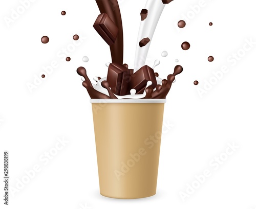 Hot Chocolate Realistic Milk Chocolate Splashes And Take Away Paper Cup Vector Illustration Chocolate Milk Drink Cup Of Coffee Beverage Wall Mural Onyxprj