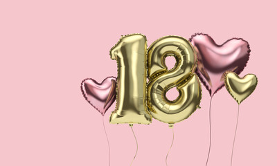 Happy 18th birthday party celebration balloons with hearts. 3D Render
