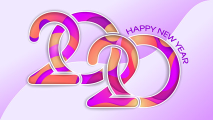New Year 2020. Template for Christmas cards, banners, flyers and holiday invitations. Paper style. Bright colorful layered vector image. The effect of volumetric drawing. Red-violet shades.