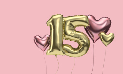 Happy 15th birthday party celebration balloons with hearts. 3D Render
