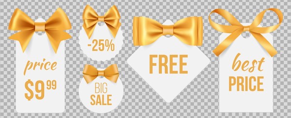 Sale tags. Gold silk bows and promo badges. Vector holidays sale labels with decorative satin ribbons isolated on transparent background. Illustration sale free, satin label to marketing