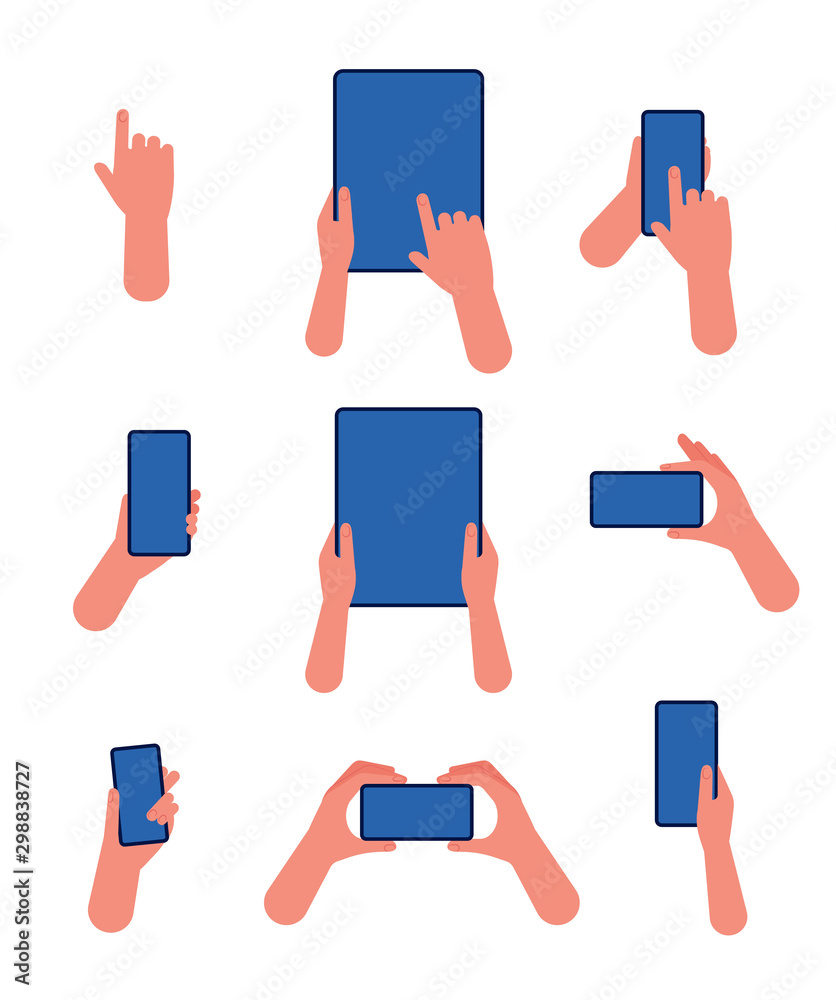 Poster hand with phone. touch screen tablet and smartphone in hand pointing gestures using application mode