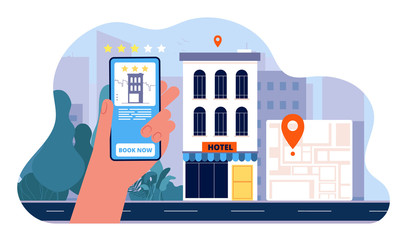 Booking hotel concept. People ordered hotel from smartphone and going to vacation vector flat pictures. Illustration booking reservation app, travel and vacation