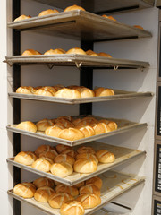 Modern bakery with different kinds of bread, cakes and buns