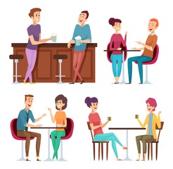 Friends meeting. Happy group people relaxing in cafe restaurant bar meeting sitting and smiling friends vector characters. Group people friend sitting in pub illustration