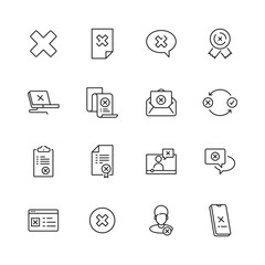 Rejected icons. Judge stamp refuses computer guarantee contract cancelled vector simple line icons collection. Illustration of reject and no button, cross mark decline