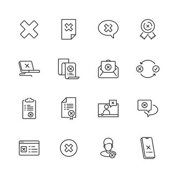 Rejected icons. Judge stamp refuses computer guarantee contract cancelled vector simple line icons collection. Illustration of reject and no button, cross mark decline