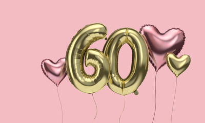 Happy 60th birthday party celebration balloons with hearts. 3D Render