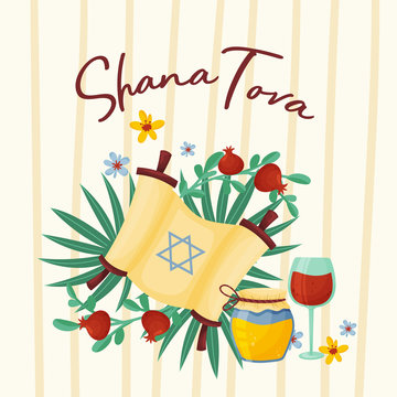 Main Symbols Of Shana Tova Jewish Holiday Vector Illustration