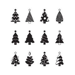 Christmas tree icon. Nature celebration symbols trees decorated with gifts and toys stylized silhouettes vector set. Illustration christmas tree, new year plants silhouette isolated