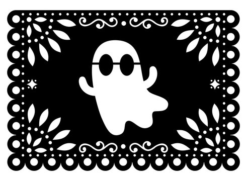 Halloween ghost Papel Picado design, Mexican paper cut out garland background with flowers and geometric shapes