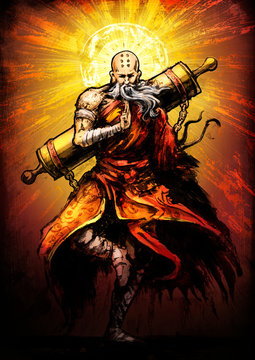 Shaolin monk old man stands on one leg and prays with one hand, behind him a huge scroll. 2D illustration
