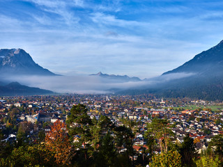 View to the Garmisch-Partenkirchen and Zugspitze at sunrise