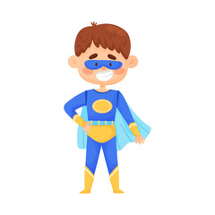 Little Boy In Blue Superman Costume, Cloak And Mask Vector Illustration Cartoon Character