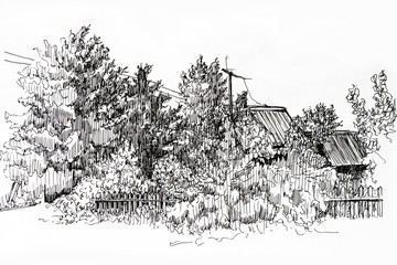 Sketch drawing in black and white design of village houses among the trees. Rural life.