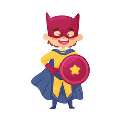 Little Boy In Superman Costume, Cloak, Shield And Cap With Cat Ears Vector Illustration Cartoon Character