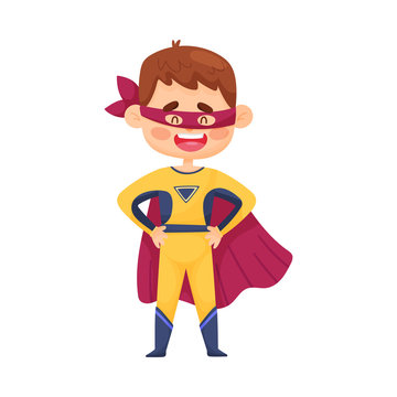 Little Boy In Yellow Superman Costume And Magenta Cloak Vector Illustration