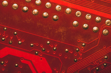 Spoiled motherboard close up. circuit board with dust and defects. micro elements of computer. Intelligent technology abstract background