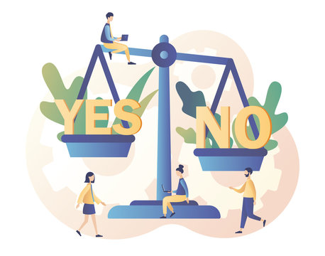 Yes or no consept. Decision making. Tiny people weigh the decisions at high  weights. Modern flat cartoon style. Vector illustration Stock Vector |  Adobe Stock