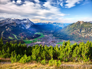 View to the alps from the top of mountain Wank in Garmisch-Partenkirchen - obrazy, fototapety, plakaty