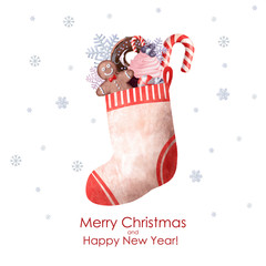 Christmas and New Year illustration christmas sock with sweets and snowflakes. Perfect design for New Year and Christmas card, banner, invitation.