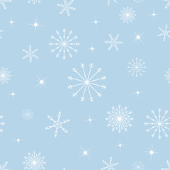 Fototapeta na wymiar Seamless pattern cold Winter in Christmas Day with Cute cartoon snowflakes in different size on blue background,Vector seamless for wrapping paper or fabric