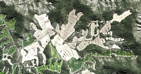 the plague, Abstract photography of Spanish fields from the air, Cubist composition of human labor...