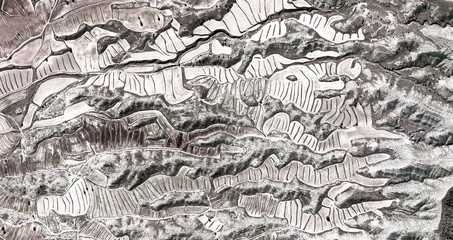 the drought,Abstract photography of Spanish fields from the air, Cubist composition of human labor...