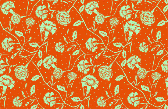Floral seamless pattern in art nouveau style. Flower carnation background in orange and mint green. Floral seamless texture with flowers - Vector