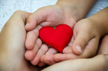 Obraz premium adults and children hands holding a red heart, healthcare, love, organ donation, family insurance and CSR concept, World Heart Day, World Health Day