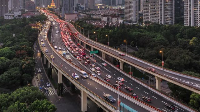 Time lapse of freeway busy city road during rush hour in Shanghai,China.