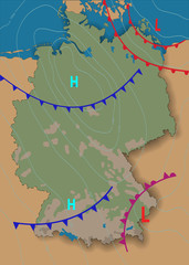 Germany. Weather map of the Germany. Meteorological forecast. Editable vector illustration of a generic map showing isobars and weather fronts. EPS 10 - obrazy, fototapety, plakaty