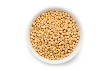 Top view of Soybeans in a ceramic bowl isolated on white background with clipping path.