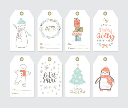 Set of cute Christmas gift tags in hand drawn doodle style. Vector greeting card designs with lettering and illustrations of winter wreath, snowman, penguin, gift boxes, gingerman, christmas tree.