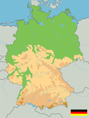 Large detailed topographic map of Germany with contours, lakes, mountains. Physical vector map with national flag. Vector illustration