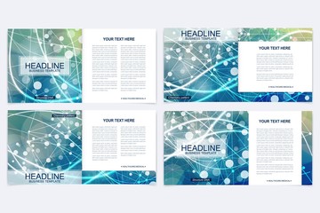 Scientific templates square brochure, magazine, leaflet , flyer, cover, booklet, annual report. Scientific concept for medical, technology, chemistry. Structure molecule and communication. Dna, atom.