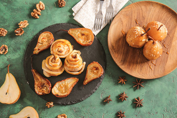 Different sweet cooked pears on color background