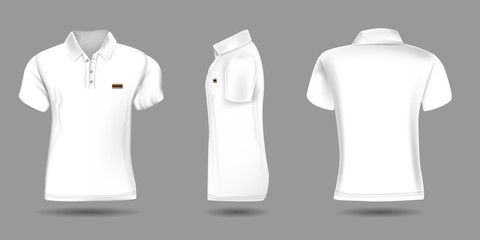 High detailed realistic polo t-shirt for your design. White color. Vector illustration. Front back and side view