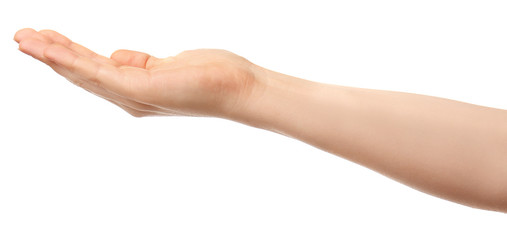 Hand of woman holding something on white background