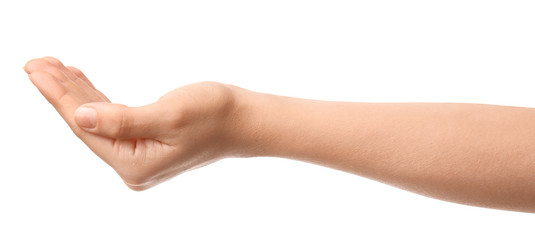 Hand of woman holding something on white background