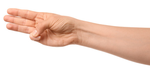 Hand of woman on white background