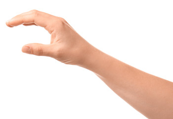 Hand of woman holding something on white background