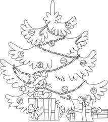 Christmas tree with decorations and gifts coloring page in outlines. Mouse sitting on the gifts postcard. Symbol of the year. 2020. Happy new year. Ready postcard. Children illustration. Coloring book