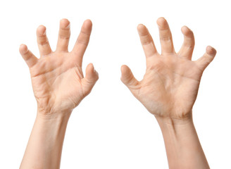 Hands of woman holding something on white background