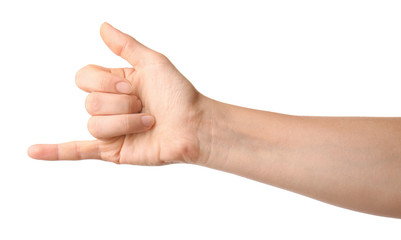 Hand of woman on white background