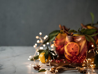 Winter sangria on dark christmas holiday background. Jugful of sangria and glasses with fruit...