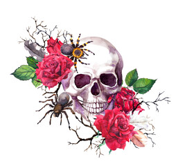 Human skull in red rose flowers, spiders, branches. Watercolor for Halloween, gothic style tattoo